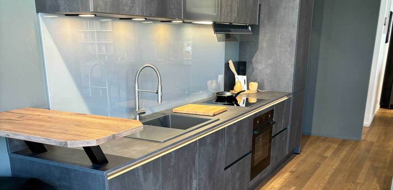 Einzeilige graue Küche mit Arbeitsplatte in Beton-Optik