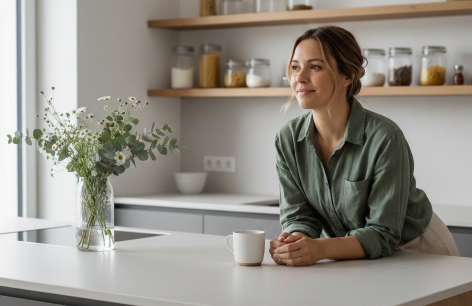 Eine lächelnde Frau in einer hellen, modern minimalistischen Küche, die sich entspannt an eine Kücheninsel lehnt. Vor ihr steht eine Tasse Kaffee und eine Vase mit Frühlingsblumen.