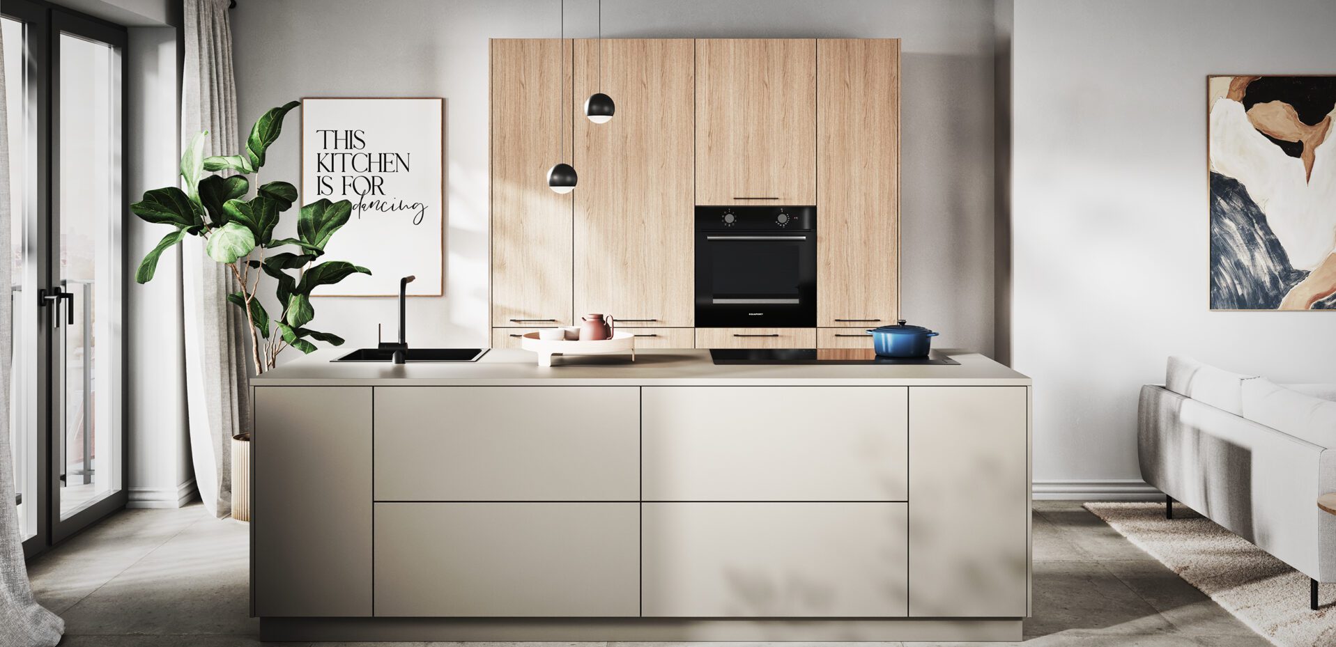 Moderne Kücheninsel in Beige mit angrenzender Hochschrankwand in hellem Holzdekor.