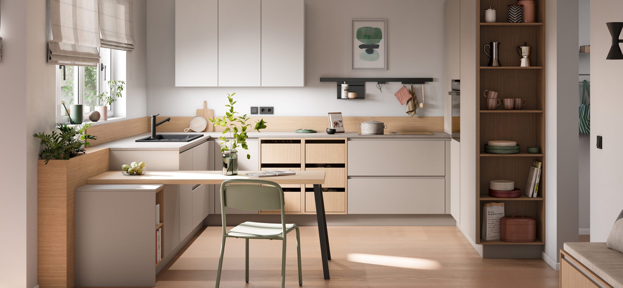 Helle L-Küche in Beige/Grau mit hellem Holzdekor und integriertem Esstisch.