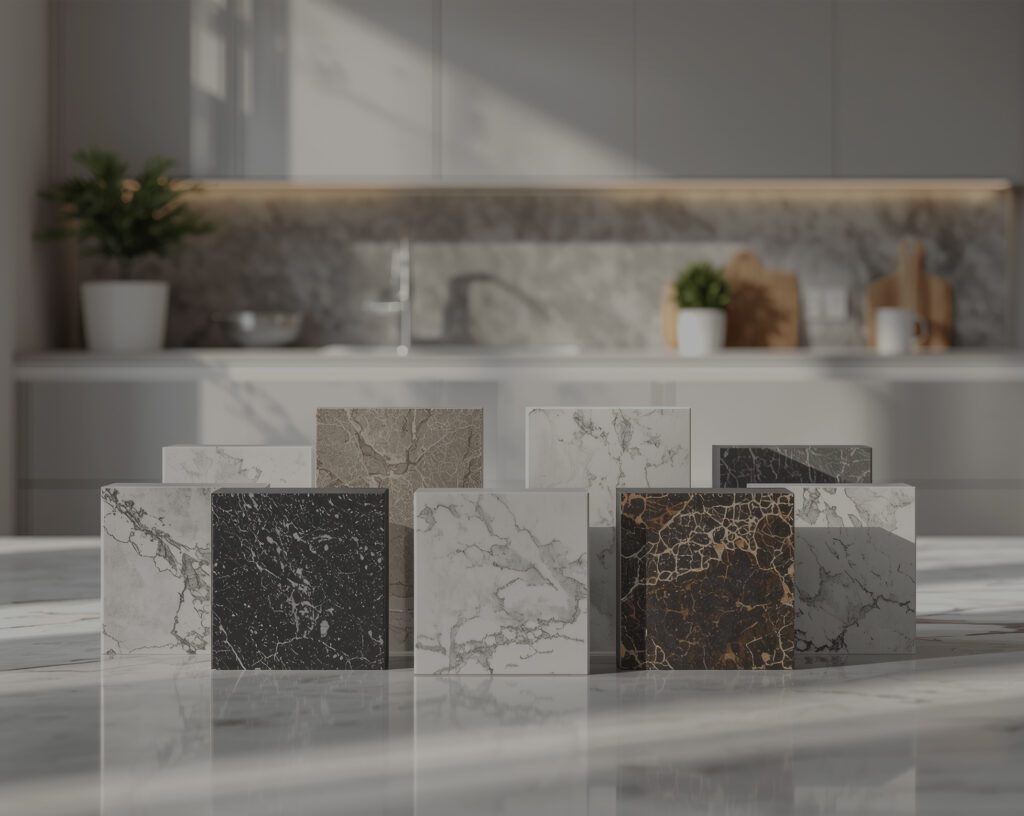 Verschiedene quadratische Steinmuster-Blöcke aus Marmor, Quarz und Dekton auf einer Arbeitsplatte vor unscharfem Küchenhintergrund