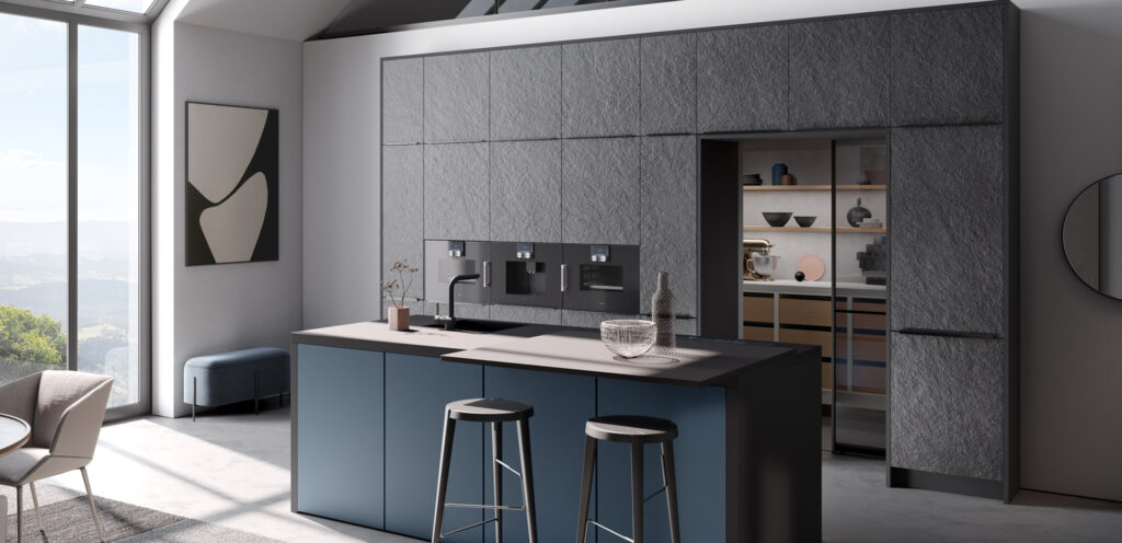 Design-Küchenzeile Betonoptik mit moderner Kochinsel