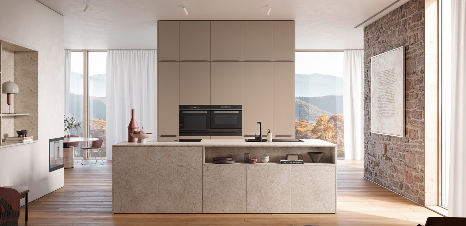 Inselküche mit beigen Fronten in Steinoptik