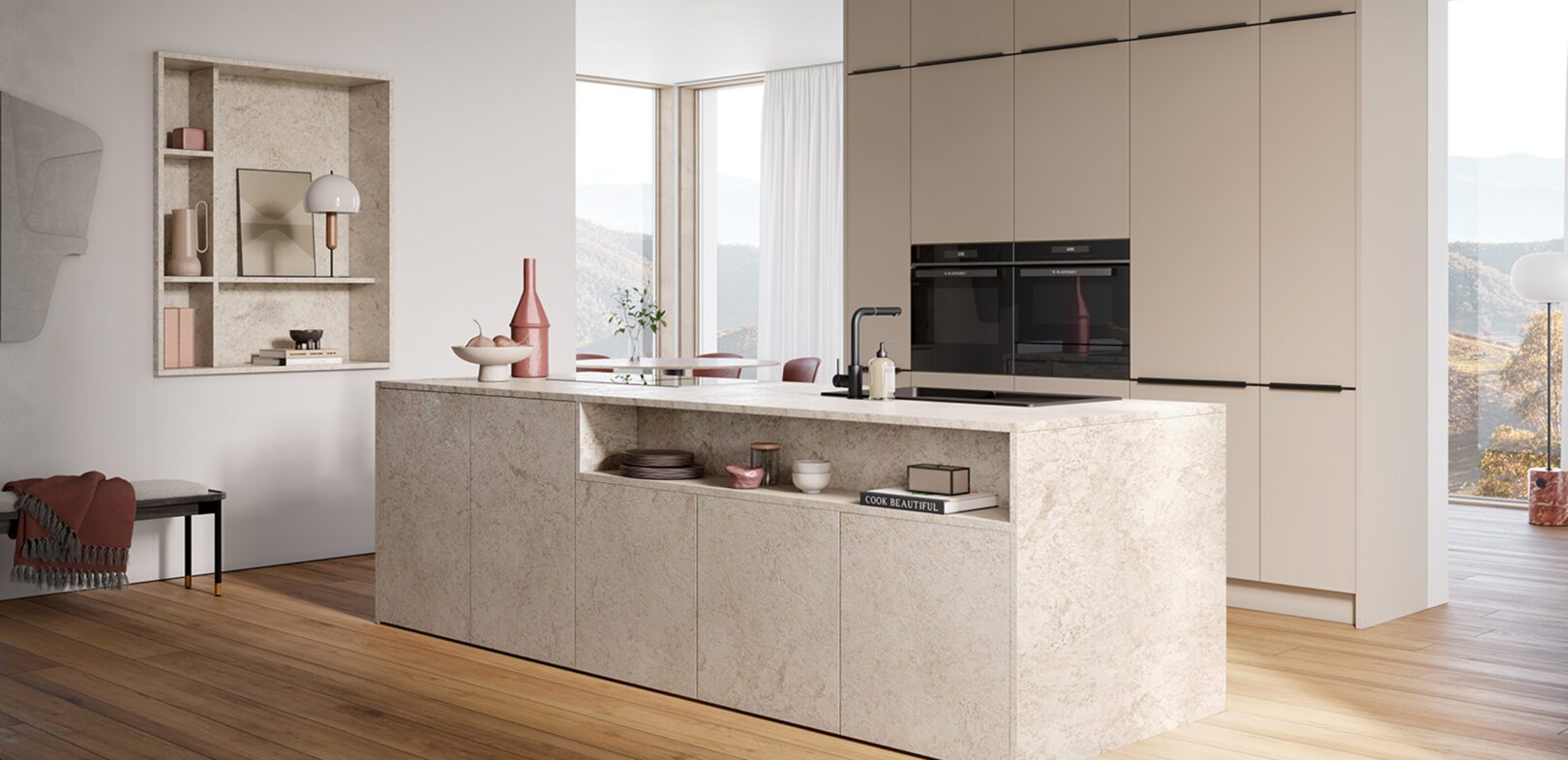 Griffloser Küchenblock in Granitoptik beige