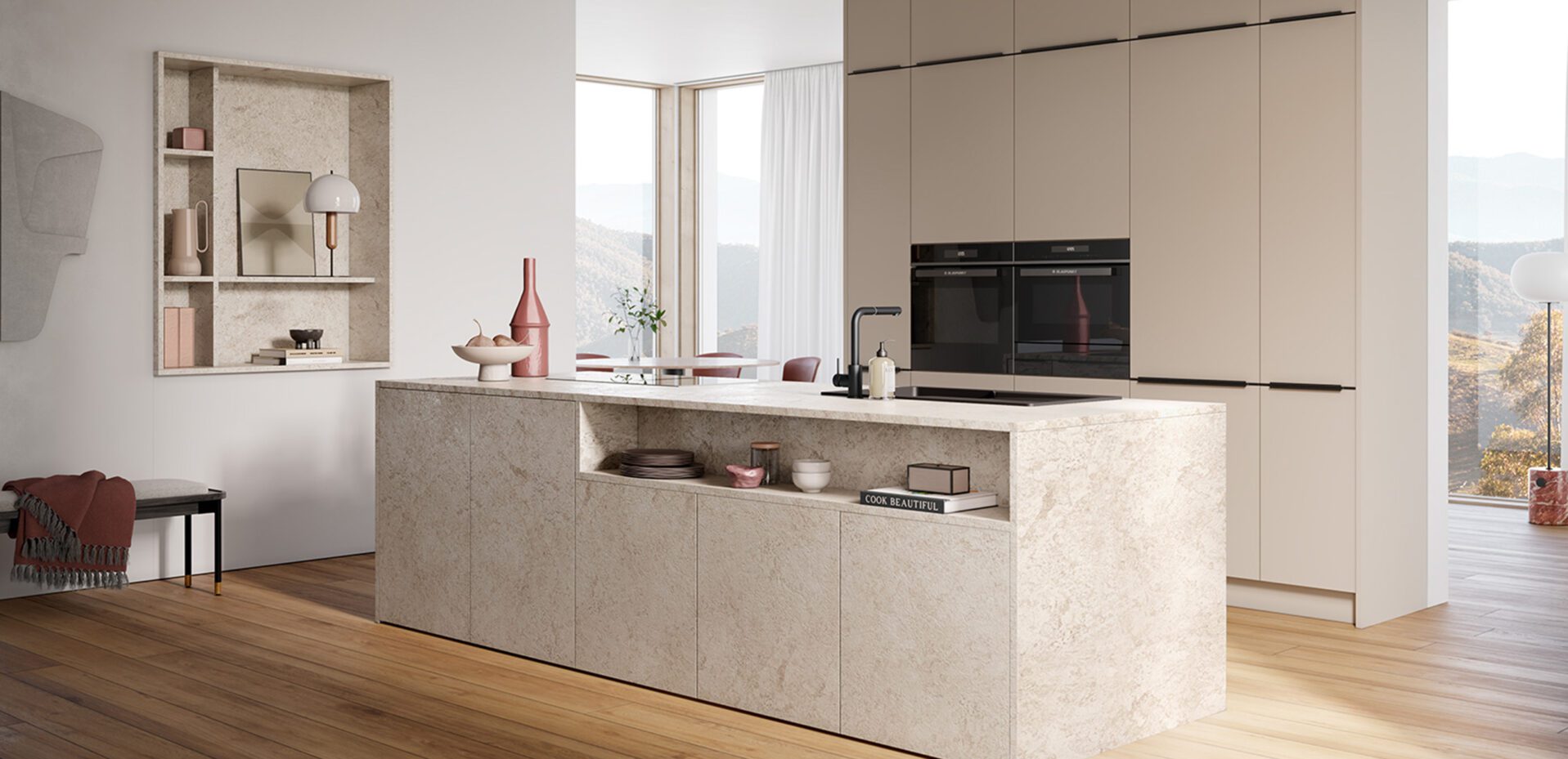 Griffloser Küchenblock in Granitoptik beige