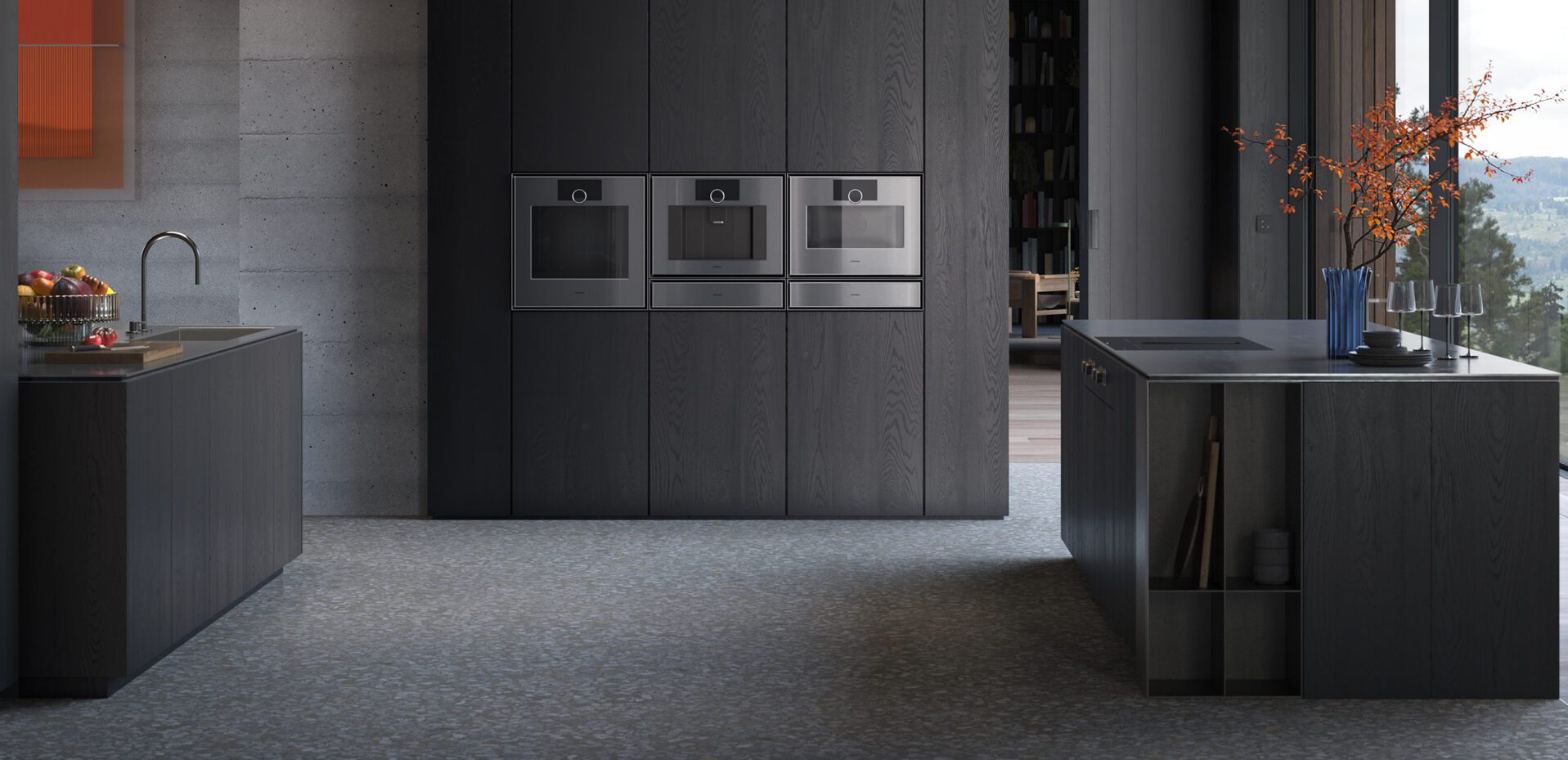 Große Inselküche mit dunklen Holzfonten und hochwertigen Gaggenau Einbaugeräten