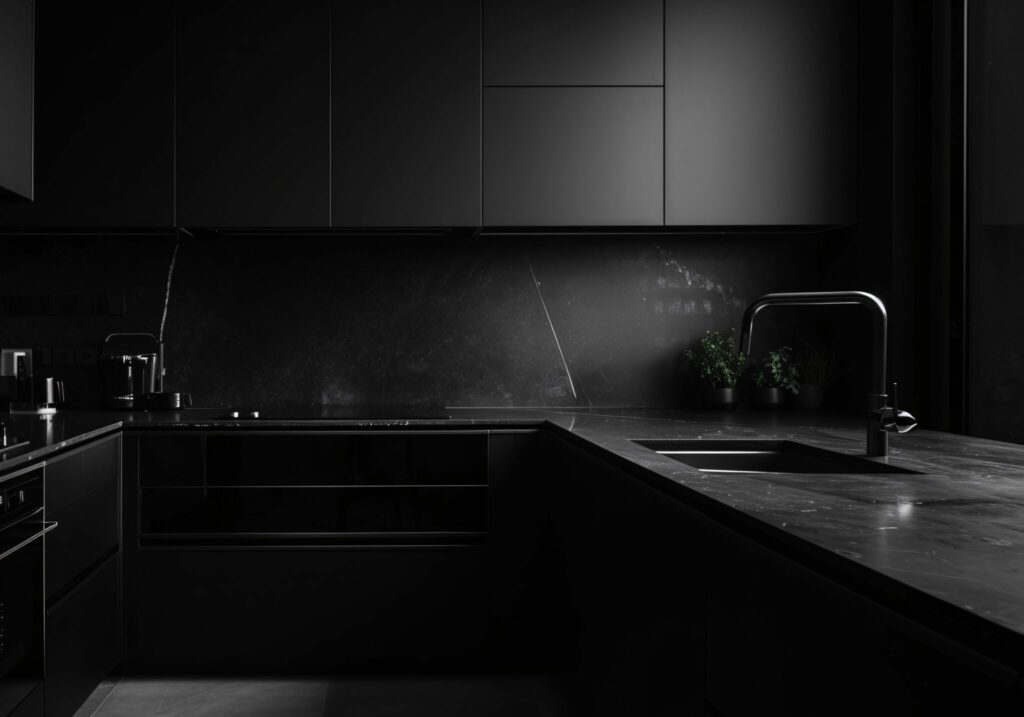 komplett schwarze Küche in U-Form