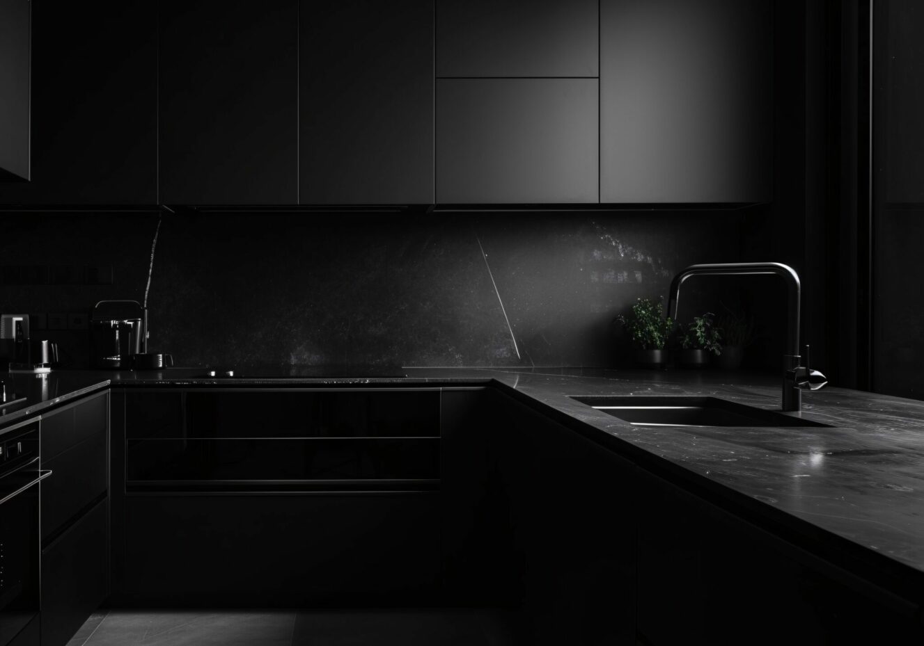 komplett schwarze Küche in U-Form