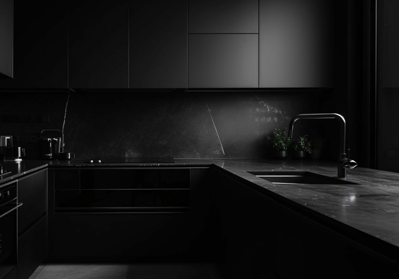 komplett schwarze Küche in U-Form