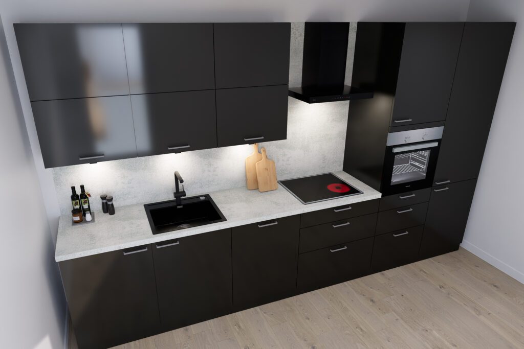 Perspektivische Ansicht der schwarzen Küchenzeile von oben.