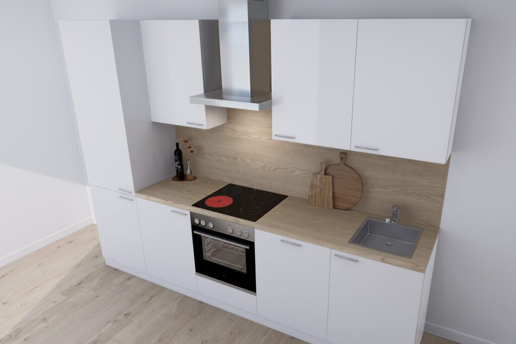 Kompakte weiße Küchenzeile mit Arbeitsplatte und Rückwand in heller Eichenoptik, Edelstahl-Dunstabzugshaube und Glaskeramikkochfeld.