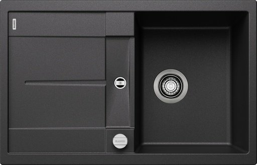 Schwarzes Spülbecken mit Abtropffläche links von Blanco