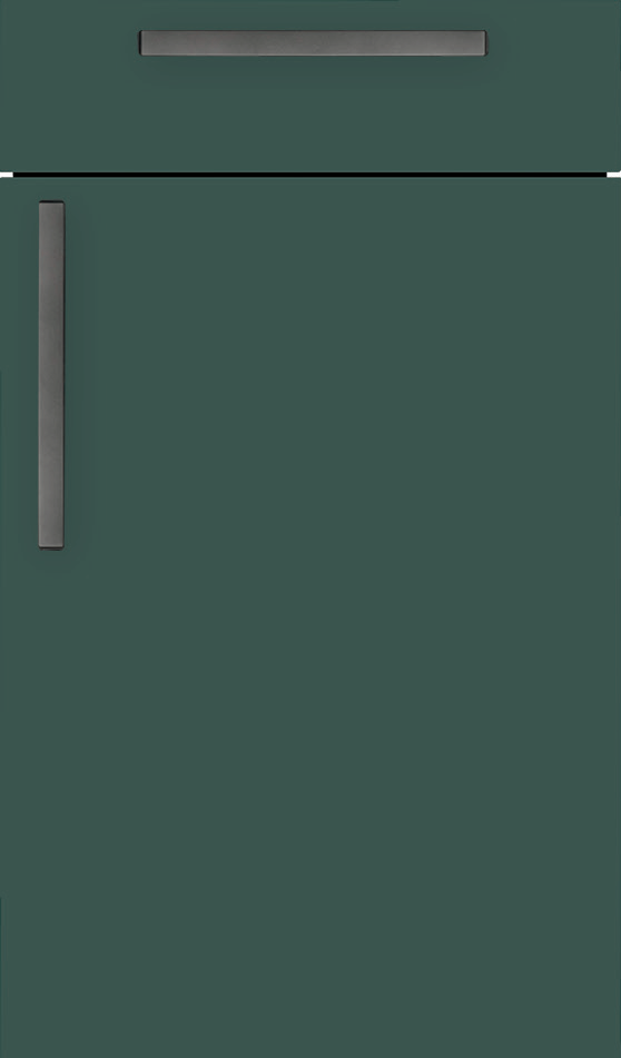 Küchenfront in Dunkelgrün ultramatt mit modernen schwarzen Griffen.