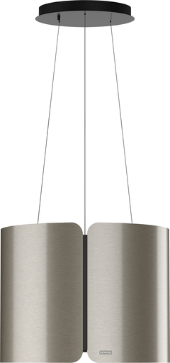 Moderne zylindrische Deckenhaube aus Edelstahl mit schwarzer Aufhängung.