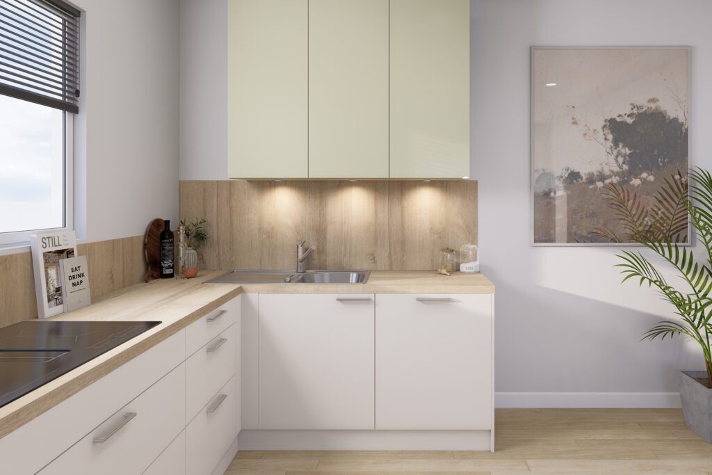 Küchenecklösung mit Spüle und Rückwand in Eiche-Nachbildung