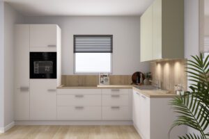 Helle Einbauküche mit pastellgrünen Hängeschränken und AEG Backofen