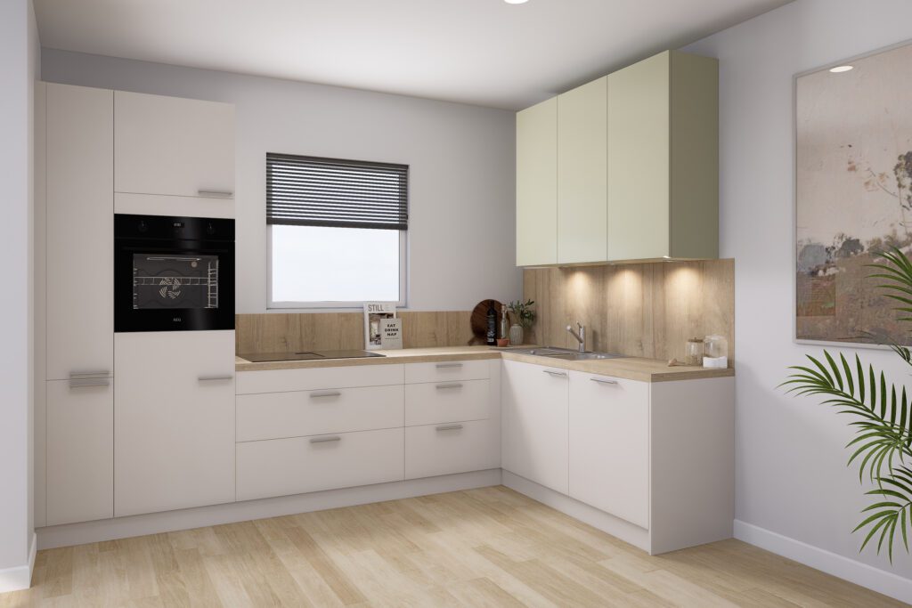 Kompakte L-Küche in Creme und Holz mit viel Stauraum