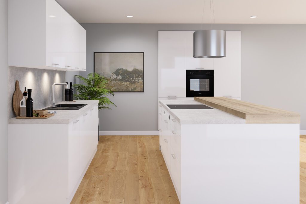 Weiße Kochinsel mit schwarzem Induktionskochfeld und einer aufgesetzten Theke aus hellem Echtholz.