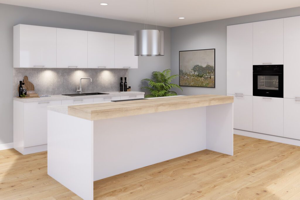 Moderne weiße Küche in Hochglanz-Optik mit Kochinsel, integriertem Backofen und hellem Eichenparkett.