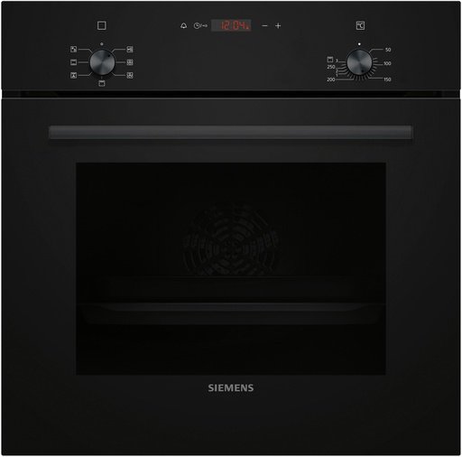 Siemens HB013FBB1 Einbaubackofen, Schwarz, mit Knebelsteuerung und Digitalanzeige.