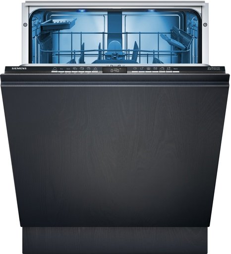 Vollintegrierter Siemens SX63E806BE Geschirrspüler, geöffnet, mit Vario-Körben und blauer Innenbeleuchtung.