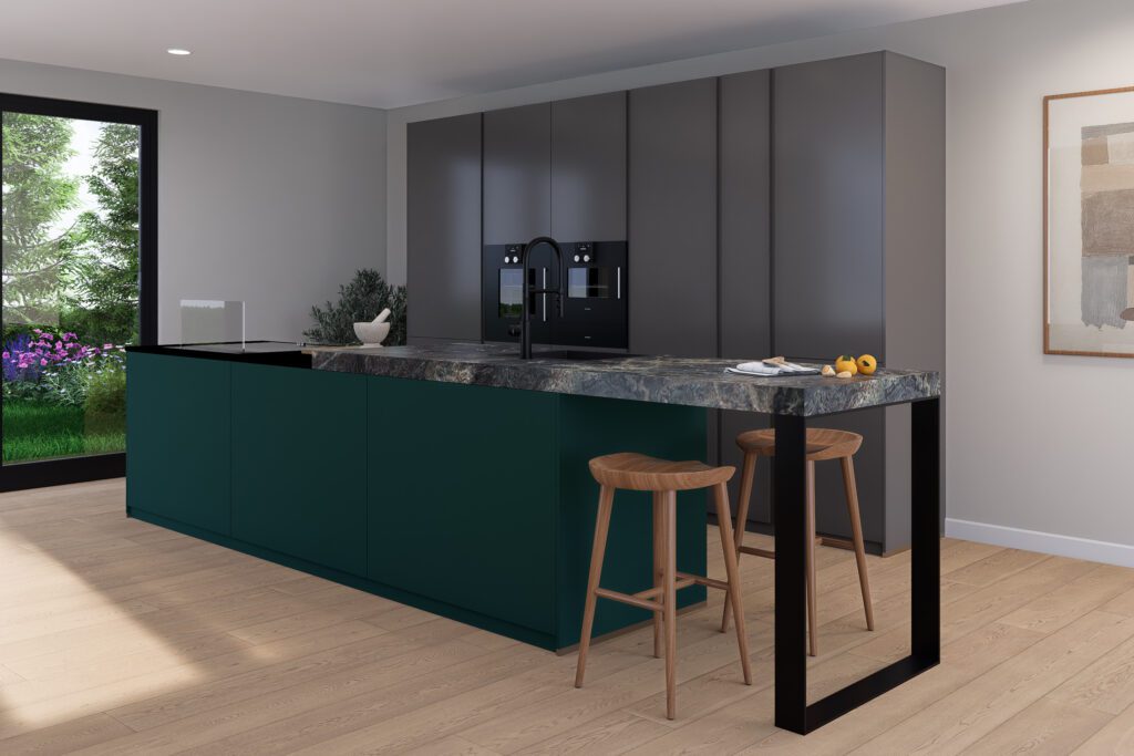 Gesamtansicht der SmartLine Küche mit Insel und Hochschrankwand.