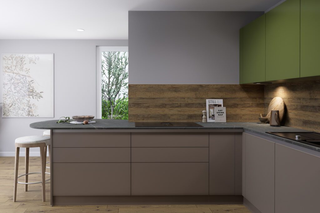 Offene moderne Design-Küche mit olivgrünen Wandschränken, Taupe-Unterschränken und heller Fensterfront.