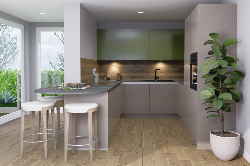 Die integrierte Frühstücksbar an der Halbinsel bildet das kommunikative Zentrum der Küche.