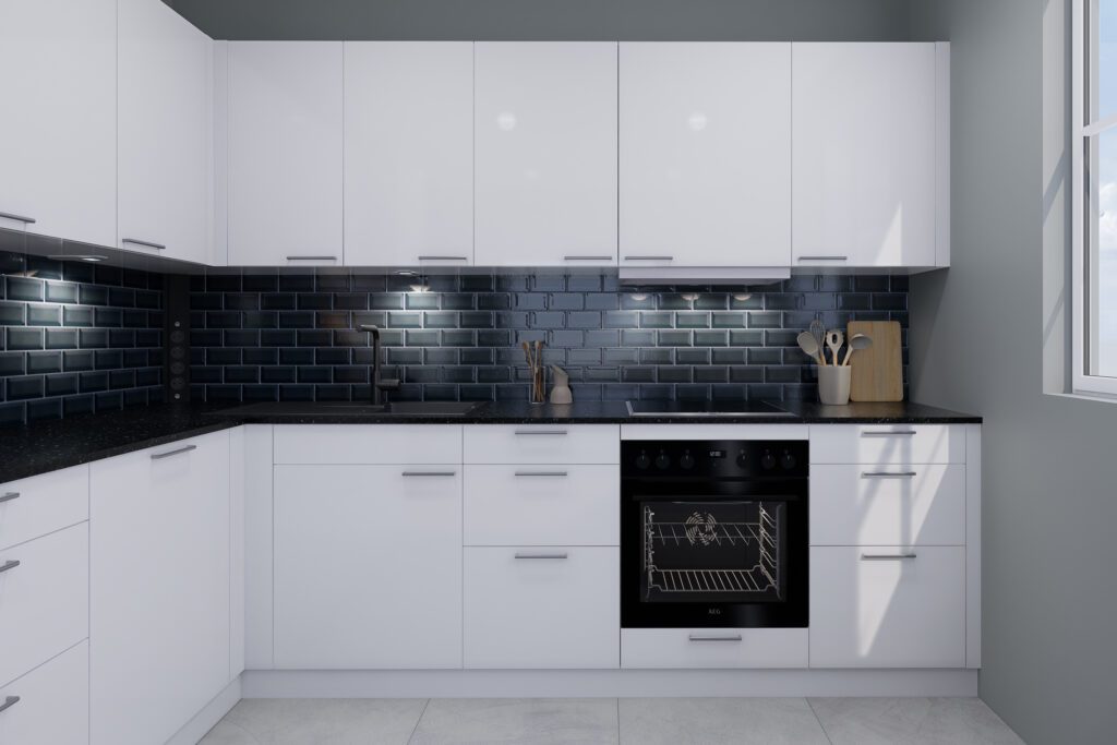 Eckküche mit integriertem AEG Backofen und schwarzer Arbeitsplatte