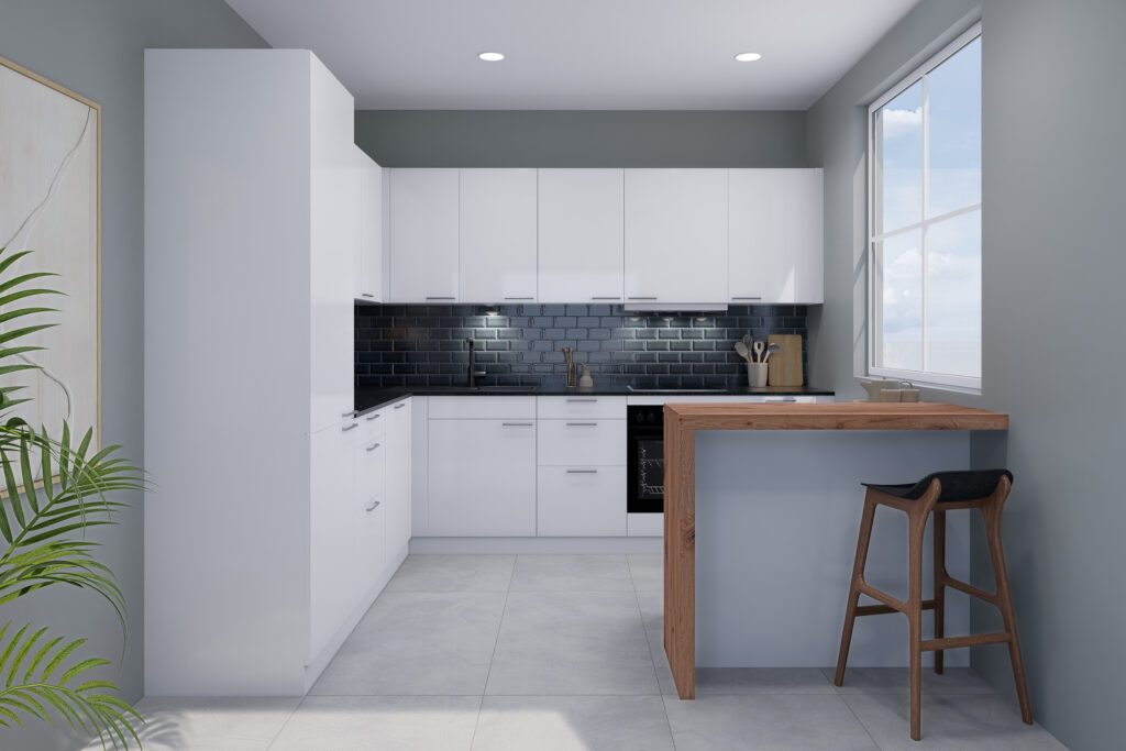 Moderne U-Küche in Weiß mit kleiner Frühstücksbar aus Holz