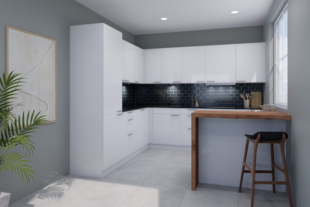 Offene Küche mit Barhocker und Holztresen-Element