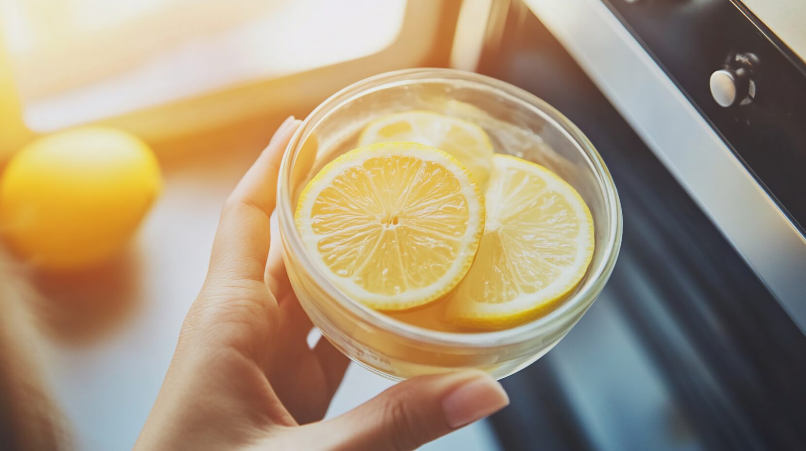Nahaufnahme einer Hand, die eine kleine Glasschale mit Wasser und frischen Zitronenscheiben vor einem Backofen hält.