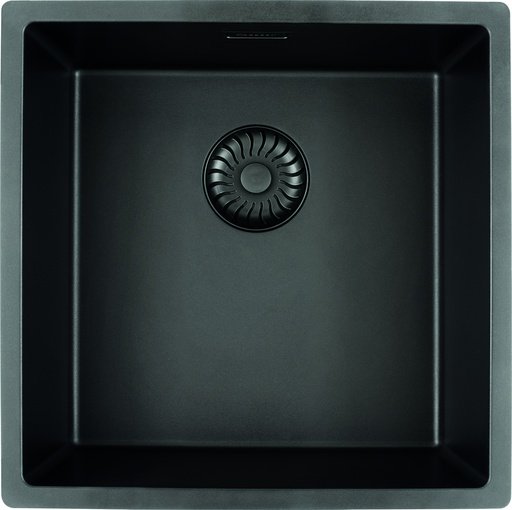 Quadratische, schwarze Einbauspüle von Caressi aus Granit-Verbundmaterial mit modernem Ablaufdesign in der Mitte.