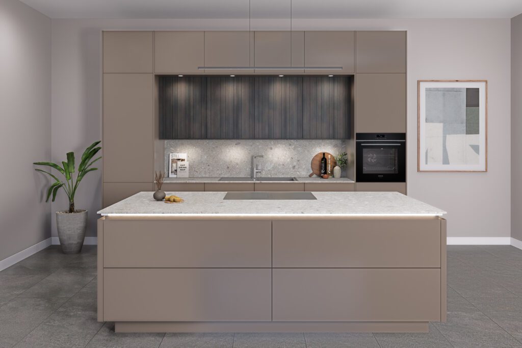 Luxuriöse Küche in Greige mit großer Kochinsel und Terrazzo-Arbeitsplatte.