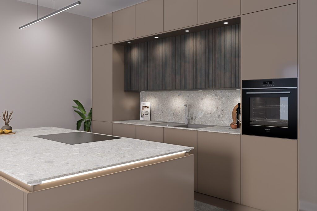 Detailansicht der Spülzone mit dunkler Holznische und LED-Spotbeleuchtung.