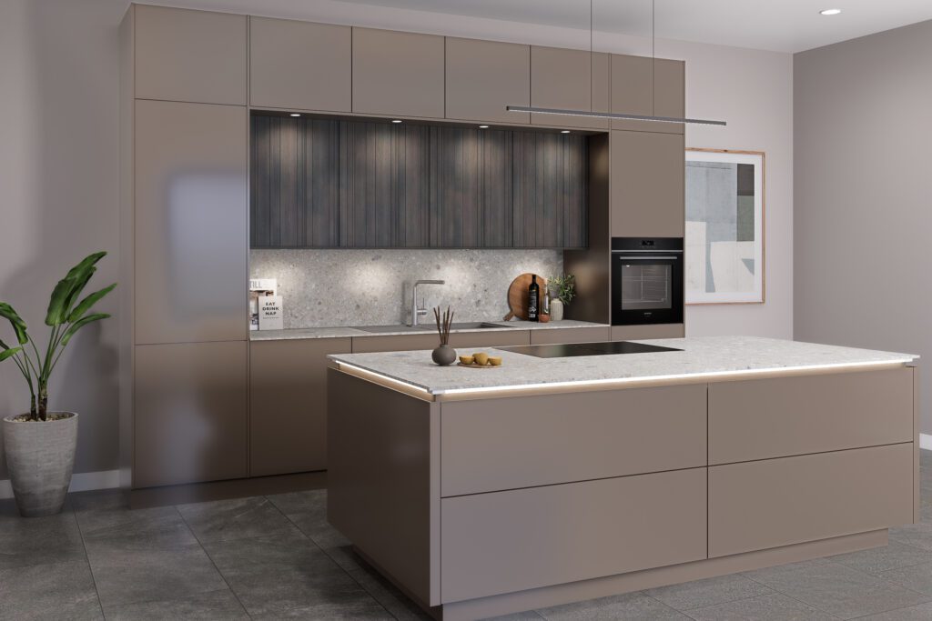 Perspektivische Ansicht der grifflosen Kochinsel mit LED-Akzentbeleuchtung.