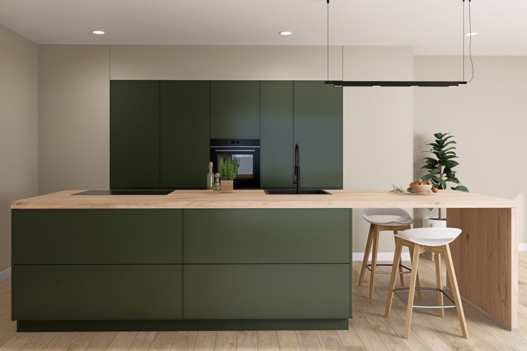 Moderne Küche in Olivgrün mit langer Kochinsel und Eichenholz-Arbeitsplatte.