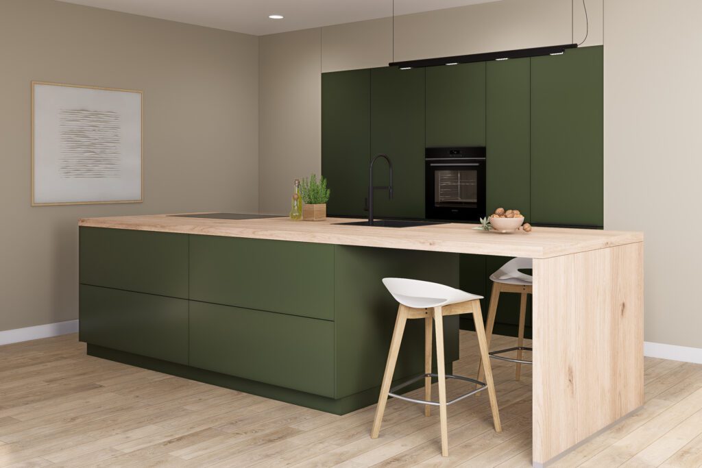 Grüne Design-Küche mit integriertem Sitzbereich an der Insel.
