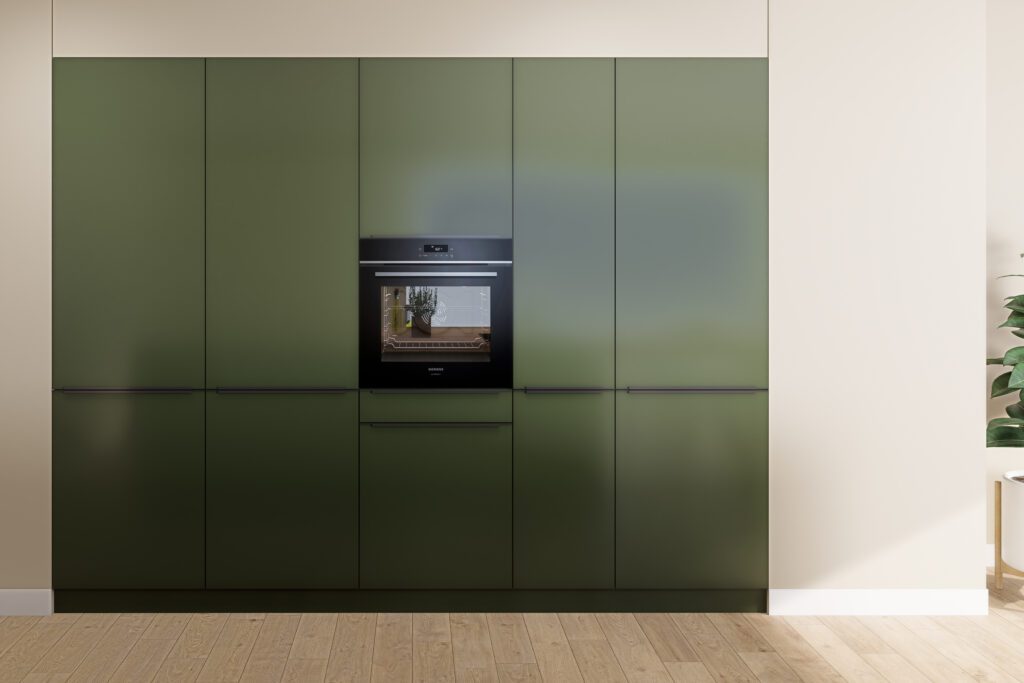 Deckenhohe Schrankwand in Olivgrün mit zentralem Siemens Backofen.