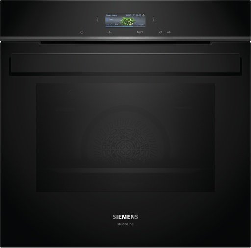 Frontansicht eines schwarzen Siemens studioLine Backofens mit digitalem TFT-Display und minimalistischem Design.