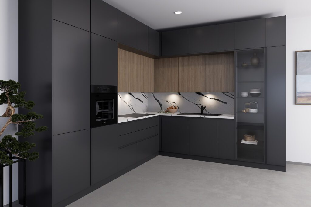 Nahaufnahme der grifflosen Küchenfronten in Anthrazit mit hochgebautem Miele Backofen.