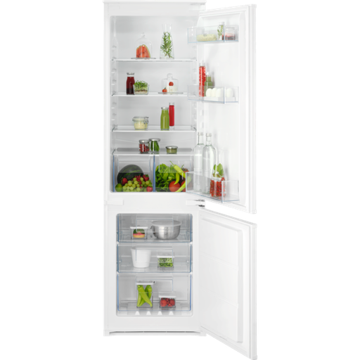 Geöffnete AEG Einbau-Kühl-Gefrierkombination mit übersichtlicher Fächeraufteilung.