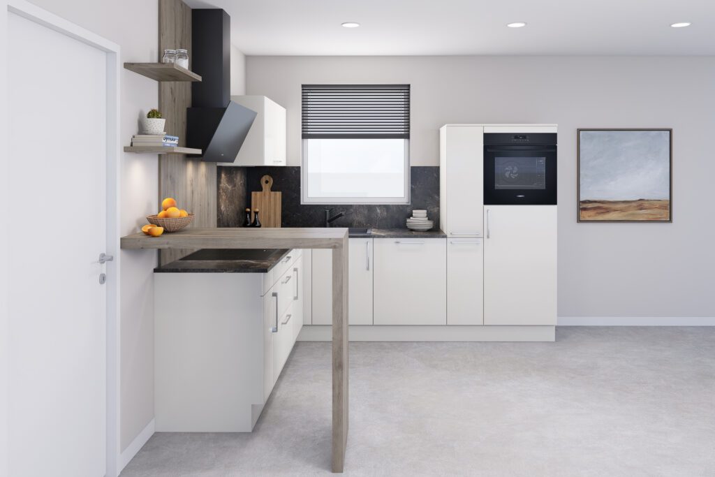 Kleine L-Küche in Weiß mit hochgebautem Backofen und angesetztem Esstisch in Eichen-Optik.