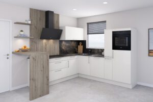 Perspektivische Ansicht einer modernen weißen Winkelküche mit integrierter Frühstücksbar.