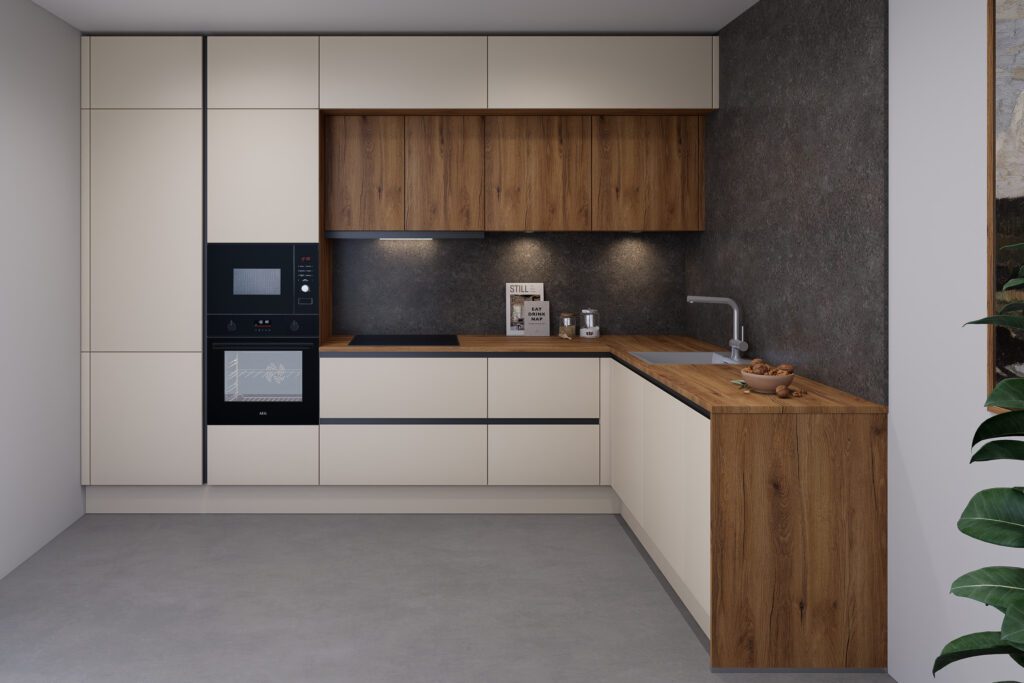 Kompakte L-Küche in Beige mit dunkler Holzarbeitsplatte und anthrazitfarbener Nischenrückwand.