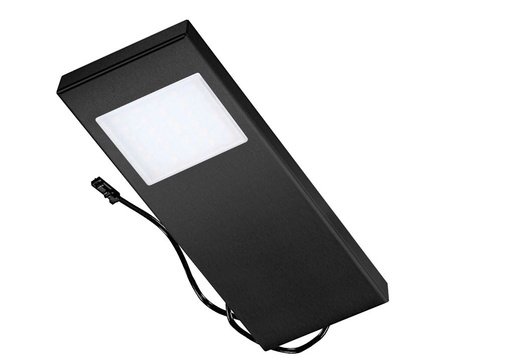 Flache, rechteckige LED-Unterbauleuchte in Schwarz mit quadratischem Lichtaustritt.