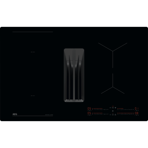 Draufsicht eines schwarzen AEG ComboHob Induktionskochfelds mit integriertem Dunstabzug (Muldenlüfter)