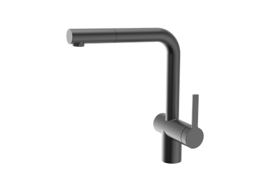 Moderne Küchenarmatur von Caressi in dunklem Anthrazit für die Spüle in der Küche.