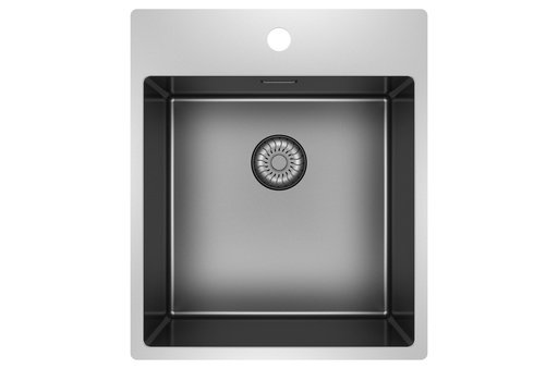 Quadratisches Caressi Edelstahl-Spülbecken in Gunmetal-Optik für die Küche.