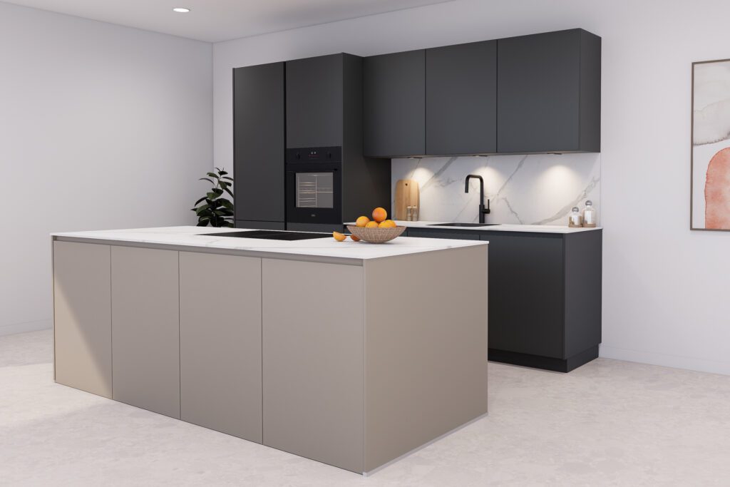 Perspektivische Ansicht einer Wohnküche mit Kochinsel und dekorativem Wandbild.